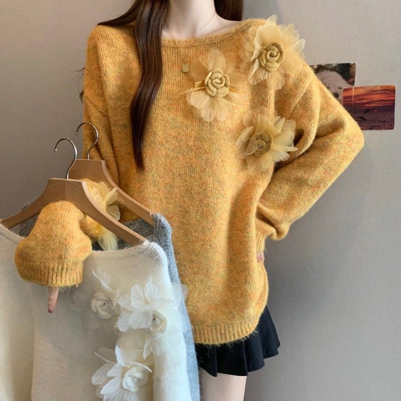 大码女装2025秋冬新款法式气质重工手工钉花落肩袖套头上衣毛衣潮,女装/女士精品,大码内搭,淘宝优惠券,粉丝福利购,淘宝优惠卷