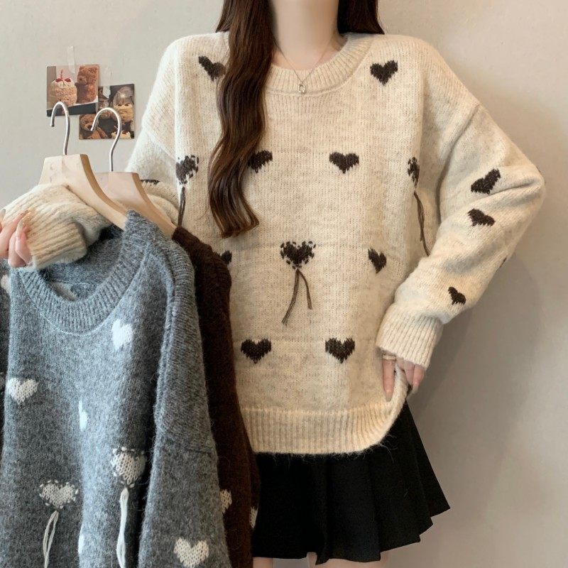大码女装2025秋冬新款圆领爱心提花落肩袖宽松长袖套头上衣毛衣潮,女装/女士精品,大码内搭,淘宝优惠券,粉丝福利购,淘宝优惠卷