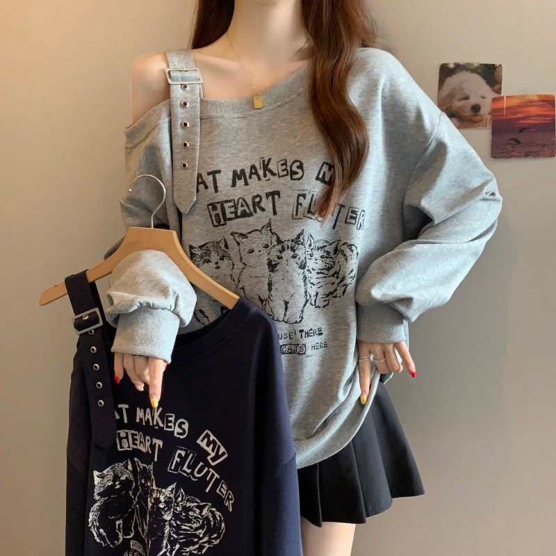 大码女装2025秋季新款时尚百搭动物印花露单肩落肩袖长袖卫衣上衣,女装/女士精品,大码内搭,淘宝优惠券,粉丝福利购,淘宝优惠卷