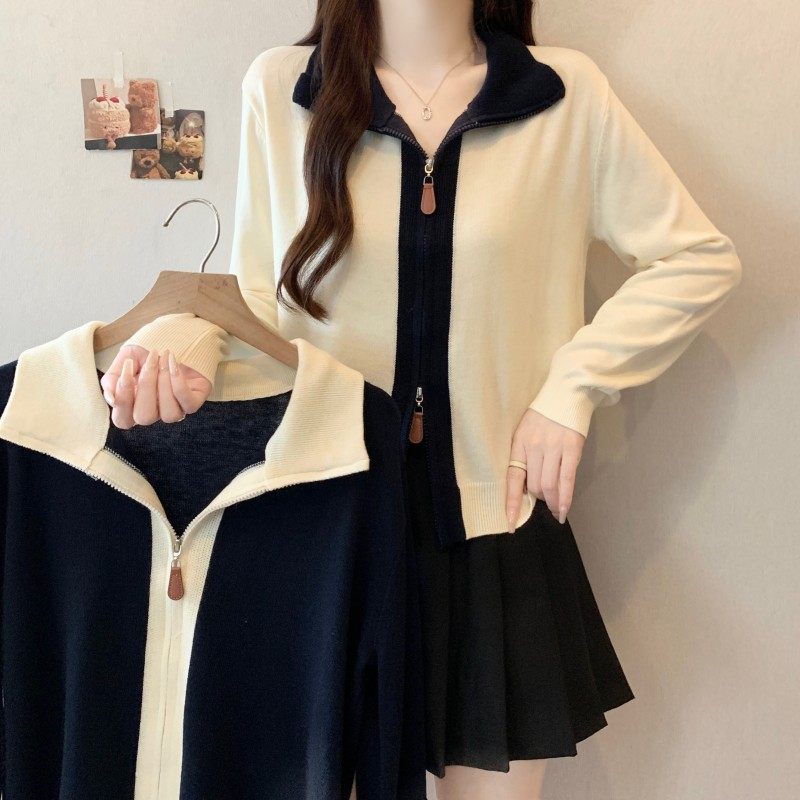 大码女装2025秋季新款胖MM拼色翻领双拉链正肩长袖开衫针织衫毛衣,女装/女士精品,大码内搭,淘宝优惠券,粉丝福利购,淘宝优惠卷