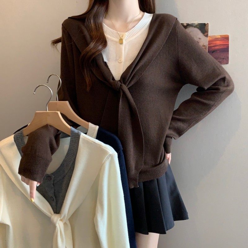 大码女装2025秋季新款时尚百搭撞色假两件披肩正肩长袖针织衫毛衣,女装/女士精品,大码内搭,淘宝优惠券,粉丝福利购,淘宝优惠卷