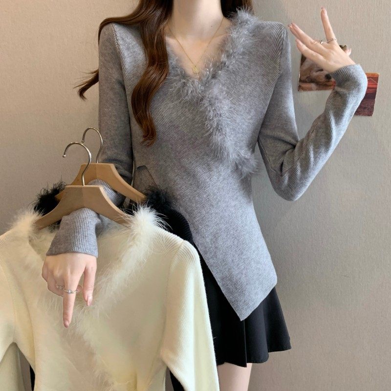 大码女装2025秋冬新款法式交叉毛领V领长袖收腰正肩上衣针织衫潮,女装/女士精品,大码内搭,淘宝优惠券,粉丝福利购,淘宝优惠卷