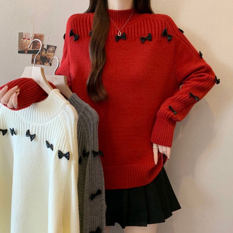 大码女装2025秋冬新款胖MM立领蝴蝶结过年红长袖正肩套头上衣毛衣,女装/女士精品,大码内搭,淘宝优惠券,粉丝福利购,淘宝优惠卷