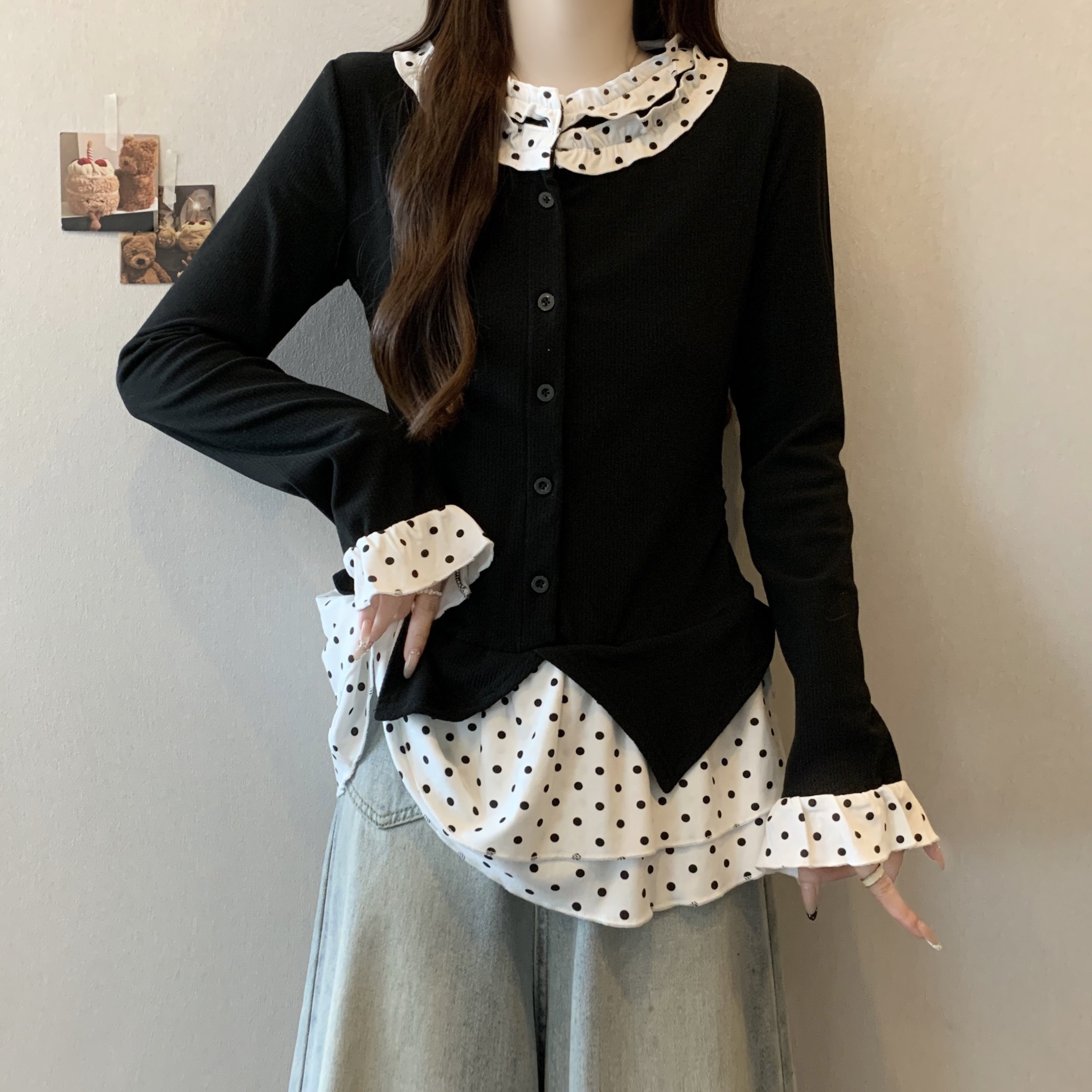 大码女装秋冬新款微胖mm韩系小香风设计感波点辣妹假两件针织上衣,女装/女士精品,大码内搭,淘宝优惠券,粉丝福利购,淘宝优惠卷