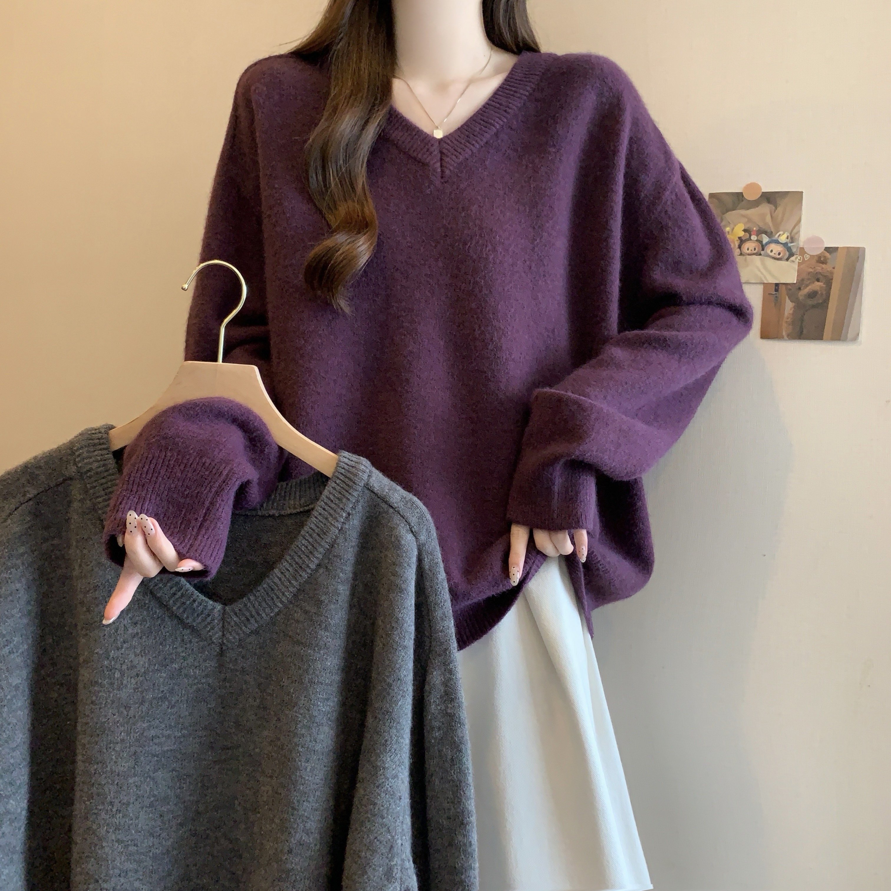 大码女装2025秋冬新款慵懒风加厚V领毛衣胖MM长袖内搭打底衫上衣,女装/女士精品,大码内搭,淘宝优惠券,粉丝福利购,淘宝优惠卷