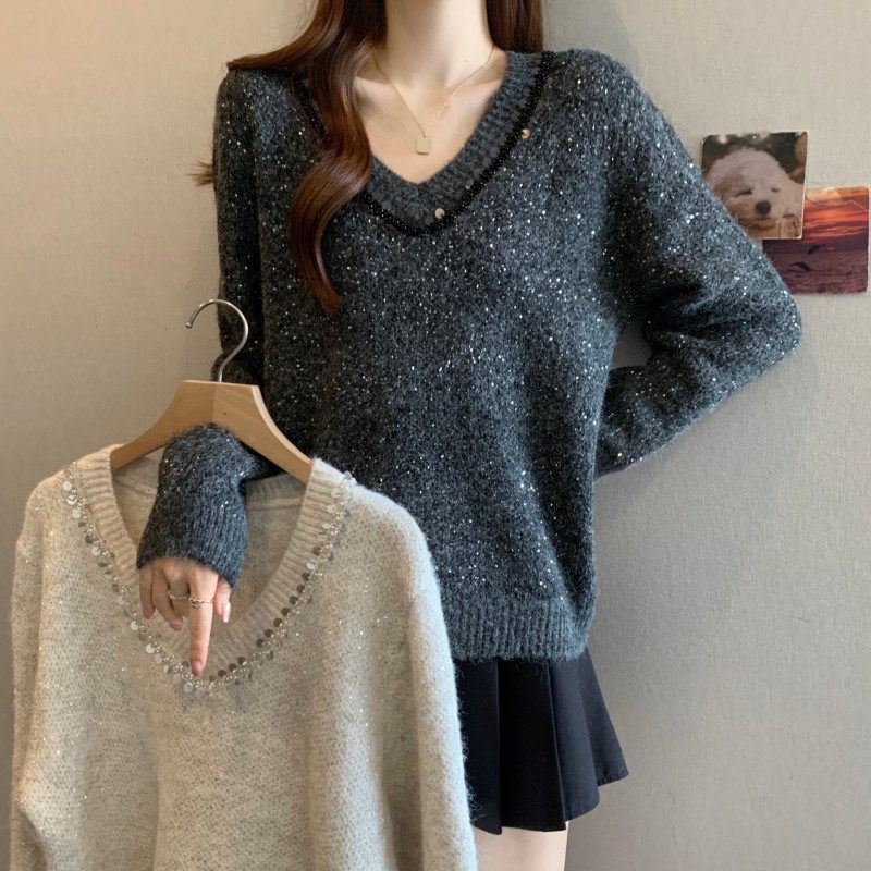 大码女装2025秋冬新款时尚百搭重工亮片V领正肩长袖套头上衣毛衣,女装/女士精品,大码内搭,淘宝优惠券,粉丝福利购,淘宝优惠卷