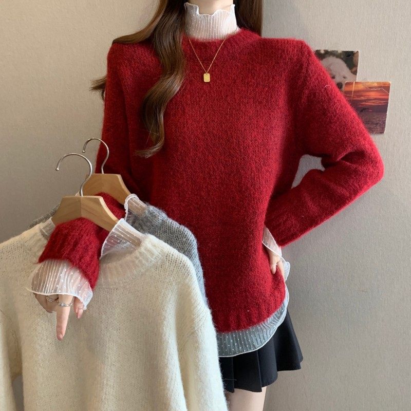 大码女装2025秋冬新款胖MM蕾丝拼接假两件圆领过年红长袖套头毛衣,女装/女士精品,大码内搭,淘宝优惠券,粉丝福利购,淘宝优惠卷