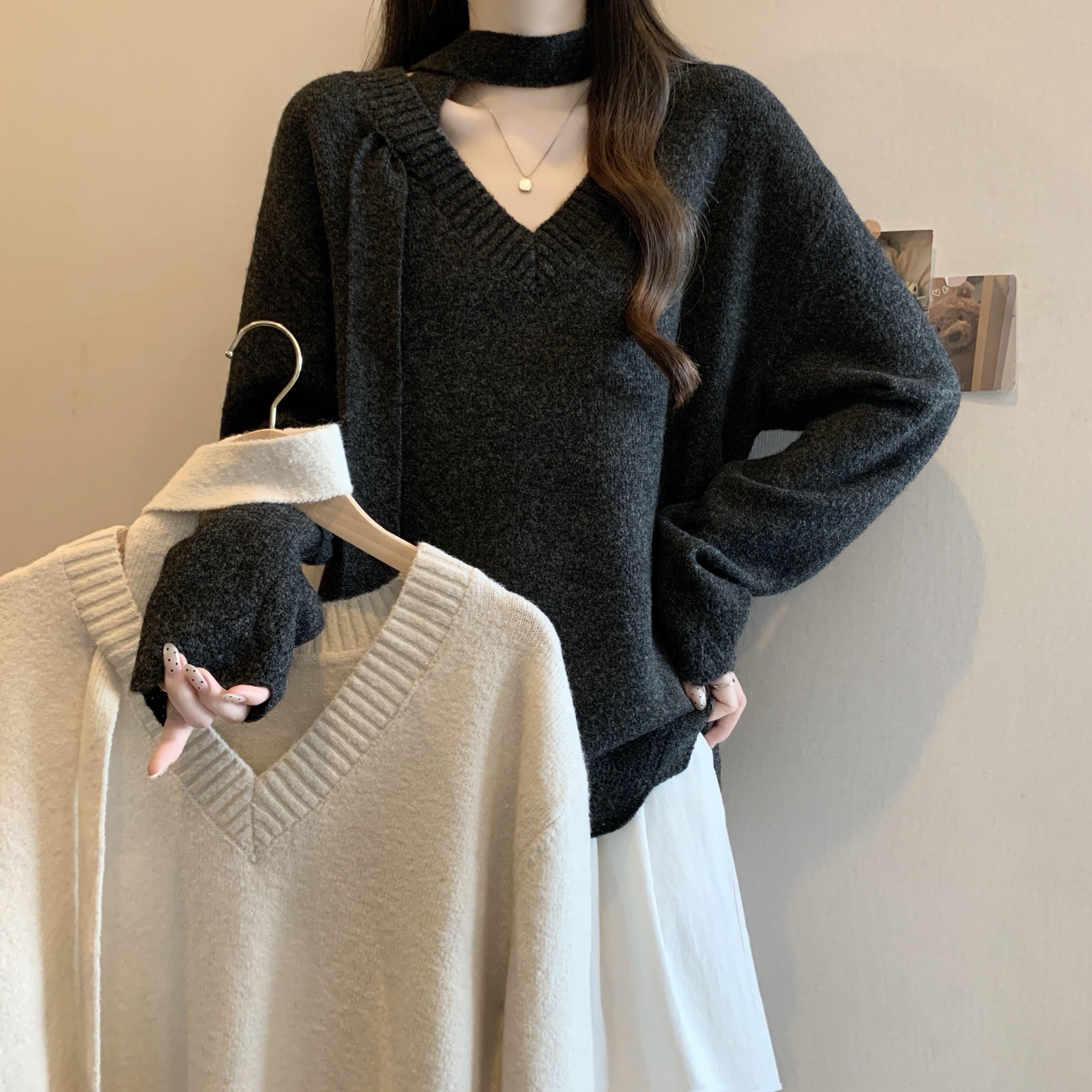 大码女装秋冬宽松慵懒风蝴蝶结系带V领针织衫女胖MM软糯百搭毛衣,女装/女士精品,大码内搭,淘宝优惠券,粉丝福利购,淘宝优惠卷