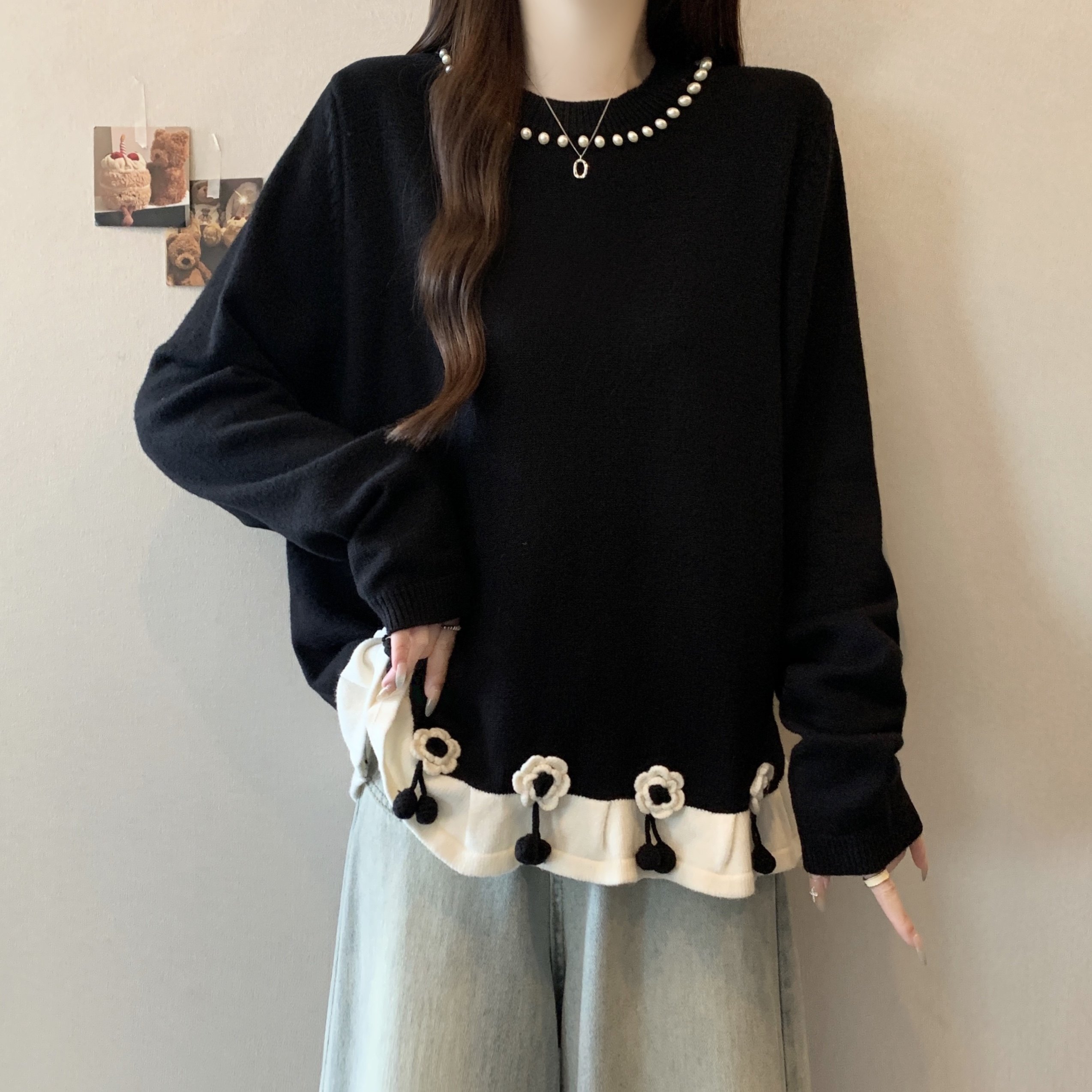 大码女装立体花朵针织衫2025秋冬新款毛衣荷叶边胖mm打底衫上衣潮,女装/女士精品,大码内搭,淘宝优惠券,粉丝福利购,淘宝优惠卷