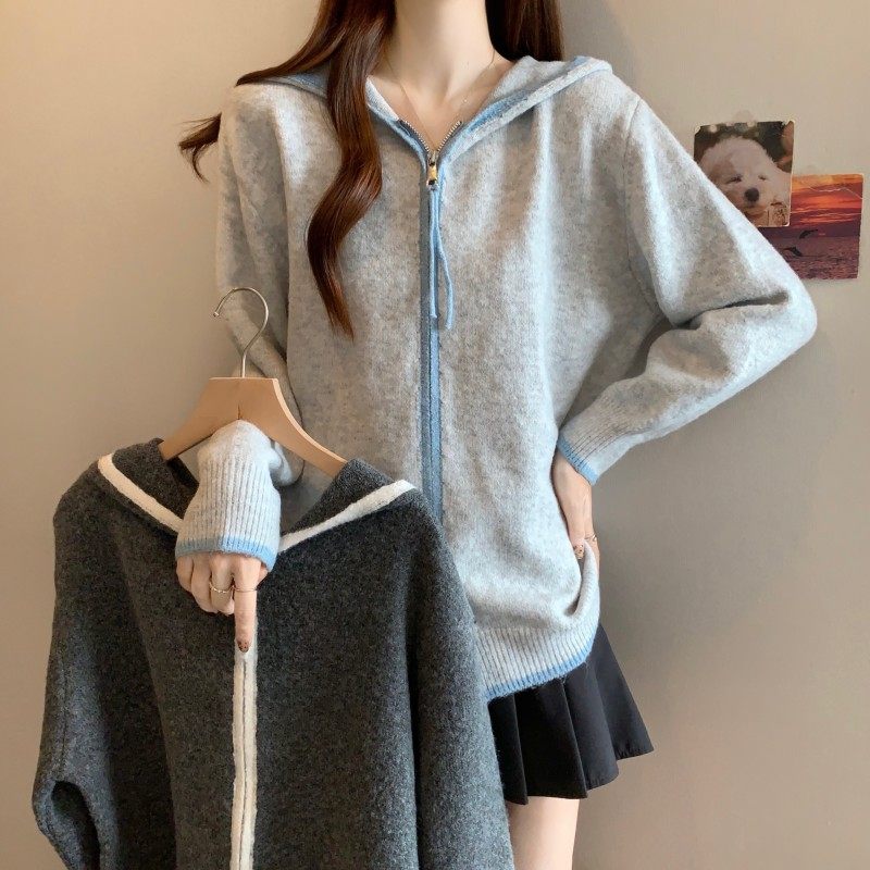 大码女装2025秋季新款时尚百搭撞色连帽双拉链长袖正肩开衫毛衣潮,女装/女士精品,大码内搭,淘宝优惠券,粉丝福利购,淘宝优惠卷