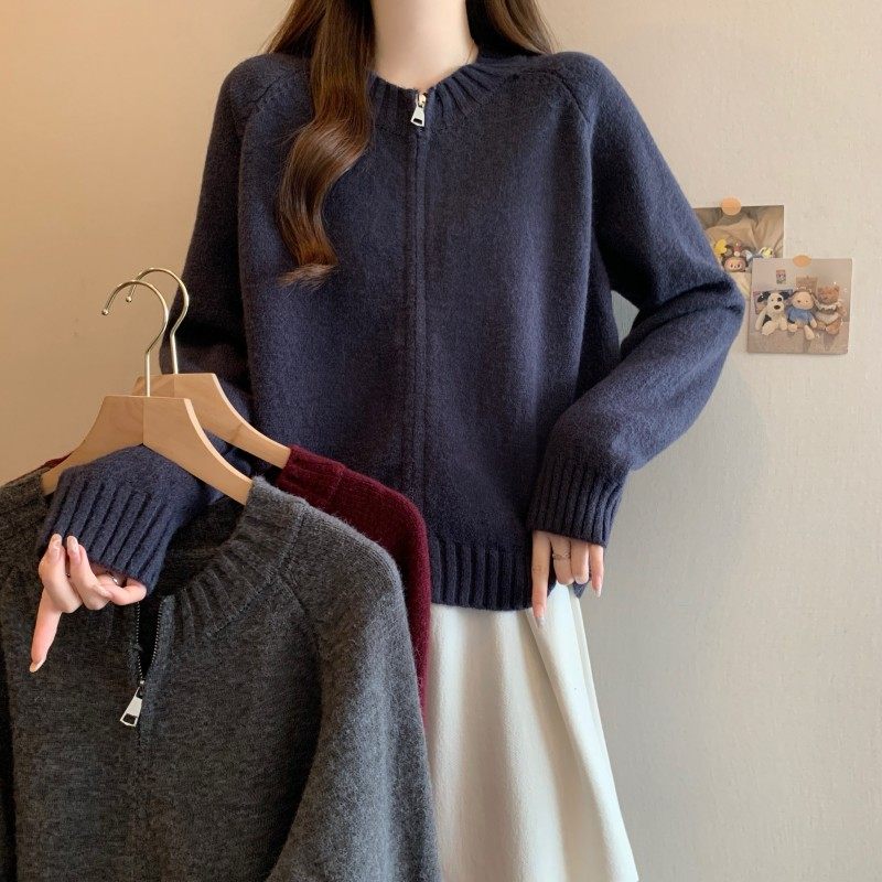 大码女装2025秋季新款时尚百搭圆领双拉链插肩袖长袖上衣开衫毛衣,女装/女士精品,大码内搭,淘宝优惠券,粉丝福利购,淘宝优惠卷