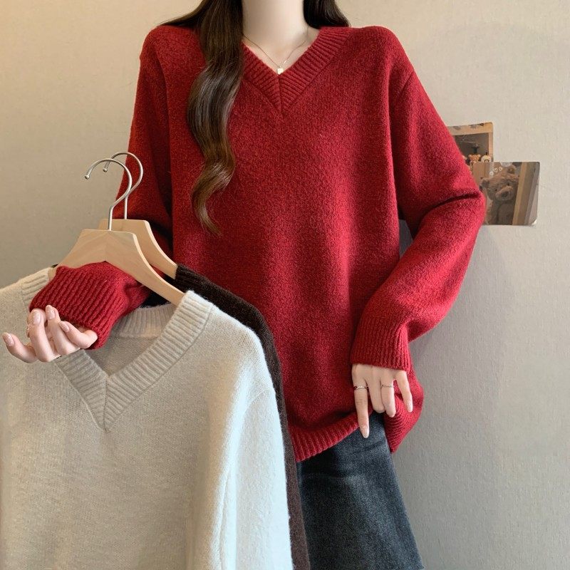 胖MM大码女装2025秋冬新款过年红V领长袖套头简约百搭上衣毛衣潮,女装/女士精品,大码内搭,淘宝优惠券,粉丝福利购,淘宝优惠卷