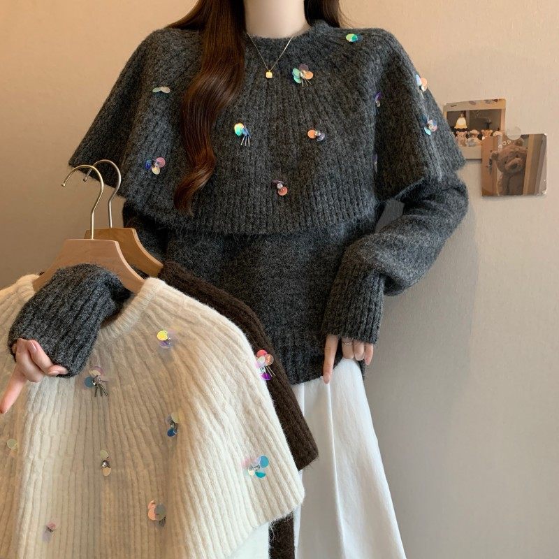 大码女装2025秋冬新款手工钉钻斗篷V领长袖正肩套头两件套毛衣潮,女装/女士精品,大码内搭,淘宝优惠券,粉丝福利购,淘宝优惠卷