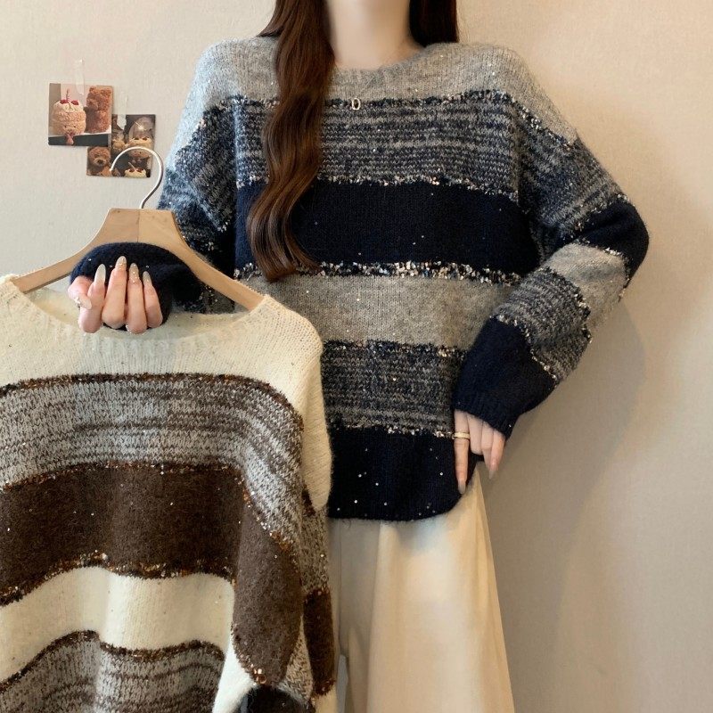 大码女装2025秋冬新款时尚百搭撞色亮片条纹圆领套头长袖上衣毛衣,女装/女士精品,大码内搭,淘宝优惠券,粉丝福利购,淘宝优惠卷