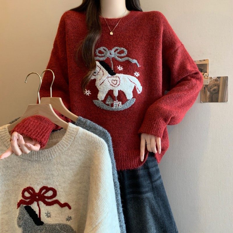 大码女装2025秋冬新款胖MM圣诞过年红小马圆领长袖套头上衣毛衣潮,女装/女士精品,大码内搭,淘宝优惠券,粉丝福利购,淘宝优惠卷