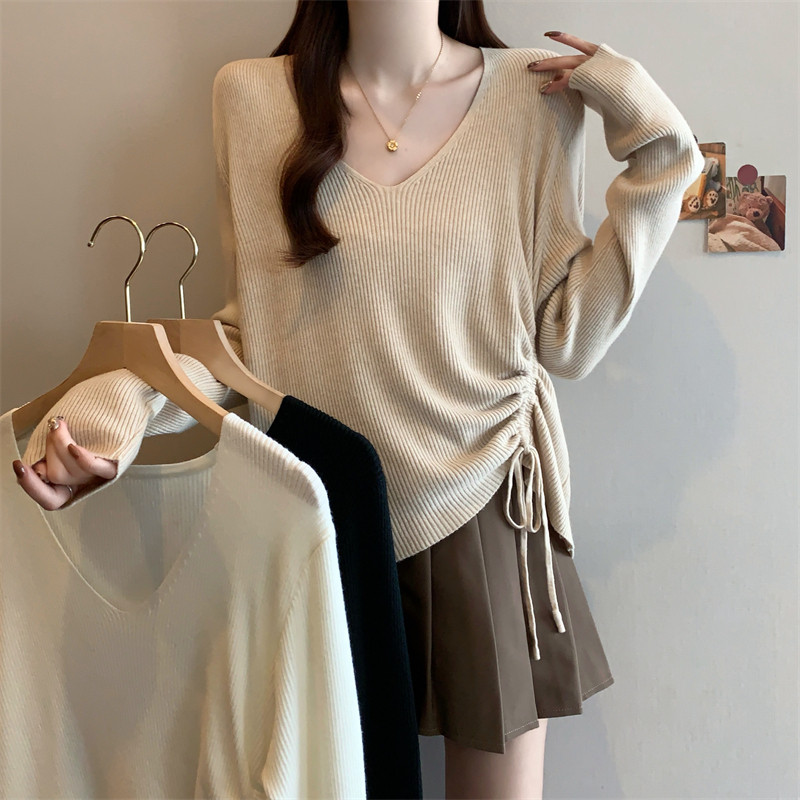 大码女装秋冬新款设计感抽绳V领长袖针织衫胖MM内搭打底衫上衣潮,女装/女士精品,大码内搭,淘宝优惠券,粉丝福利购,淘宝优惠卷