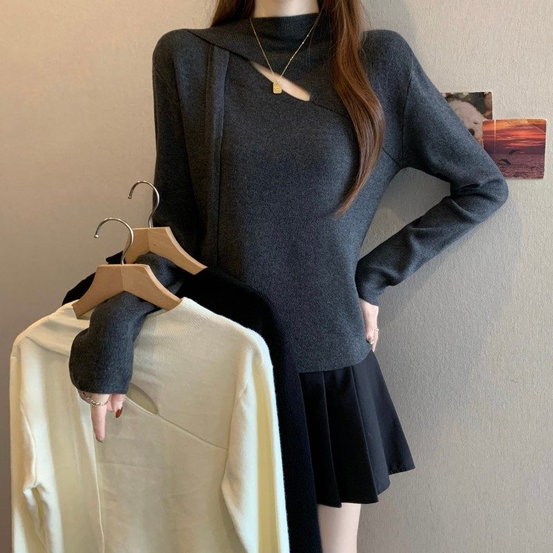 大码女装2025秋冬新款设计感镂空飘带领长袖正肩内搭套头针织衫潮,女装/女士精品,大码内搭,淘宝优惠券,粉丝福利购,淘宝优惠卷