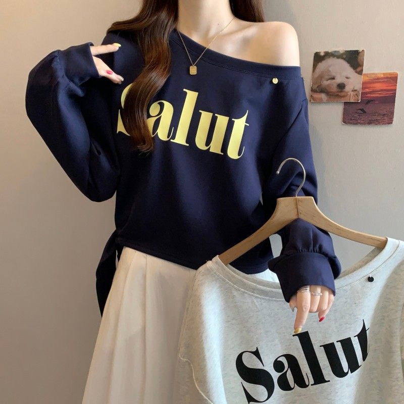 大码女装2025秋季新款胖MM露肩字母印花设计感下摆绑带长袖卫衣潮,女装/女士精品,大码内搭,淘宝优惠券,粉丝福利购,淘宝优惠卷