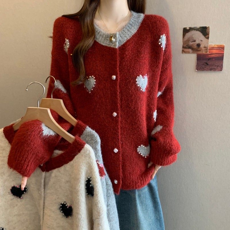 大码女装2025秋冬新款过年红爱心重工钉钻撞色长袖开衫羊驼毛衣潮,女装/女士精品,大码内搭,淘宝优惠券,粉丝福利购,淘宝优惠卷