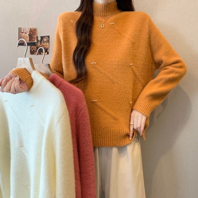 大码女装2025秋冬新款胖MM时尚百搭中领钉钻正肩套头长袖上衣毛衣,女装/女士精品,大码内搭,淘宝优惠券,粉丝福利购,淘宝优惠卷