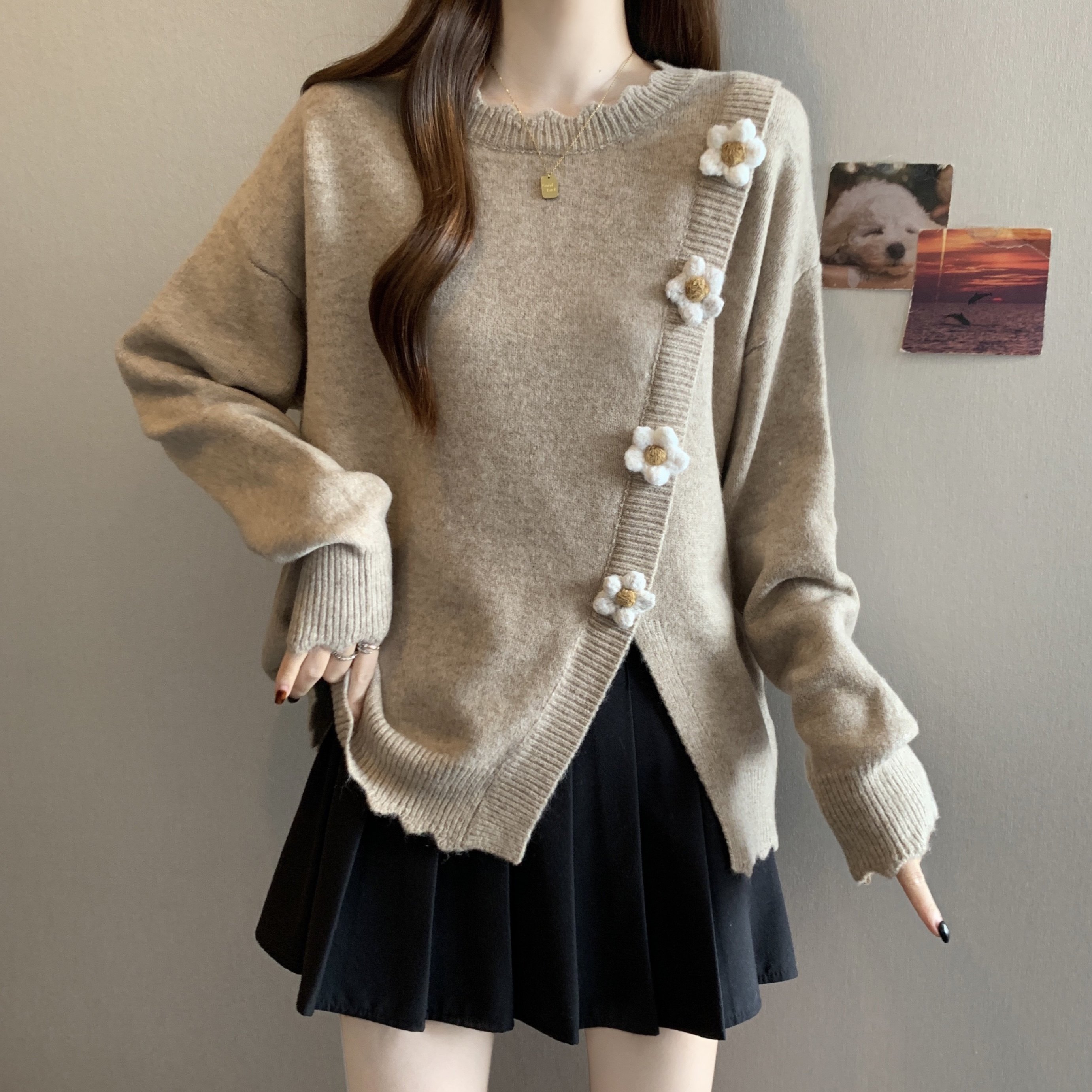 大码女装胖MM立体花朵针织衫秋冬新款时尚百搭毛衣燕麦色打底衫潮,女装/女士精品,大码内搭,淘宝优惠券,粉丝福利购,淘宝优惠卷