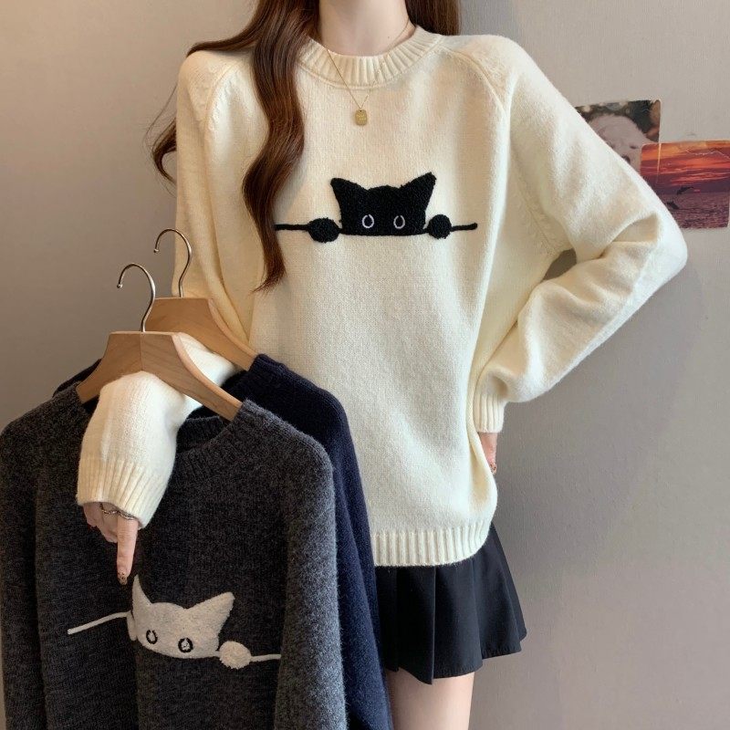 大码女装2025秋冬新款胖MM圆领猫咪图案长袖套头插肩袖上衣毛衣潮,女装/女士精品,大码内搭,淘宝优惠券,粉丝福利购,淘宝优惠卷