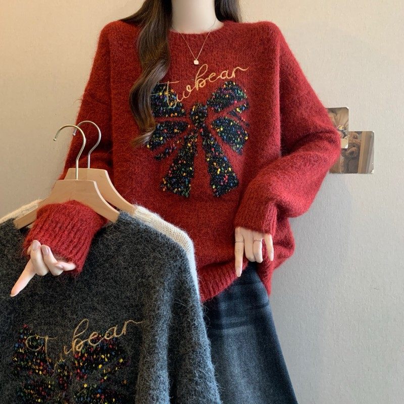 大码女装2025秋冬新款胖MM提花圣诞蝴蝶结字母绣花长袖套头毛衣潮,女装/女士精品,大码内搭,淘宝优惠券,粉丝福利购,淘宝优惠卷
