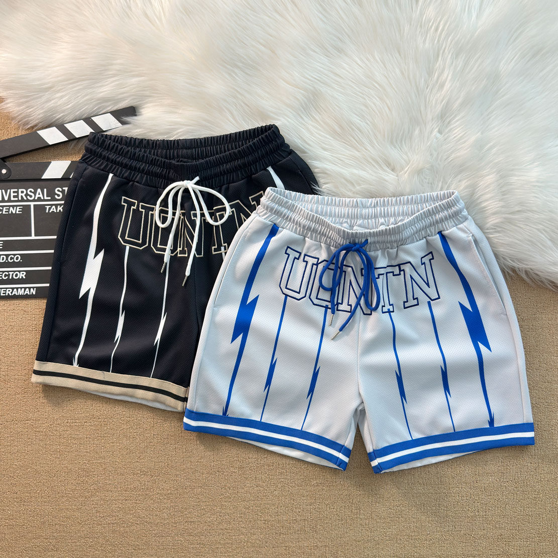 夏日透气运动短裤男美式篮球裤闪电网眼刺绣四分裤训练健身休闲裤