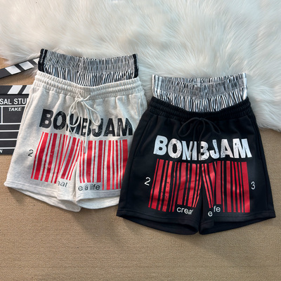 美式嘻哈喷脏二维码印花短裤