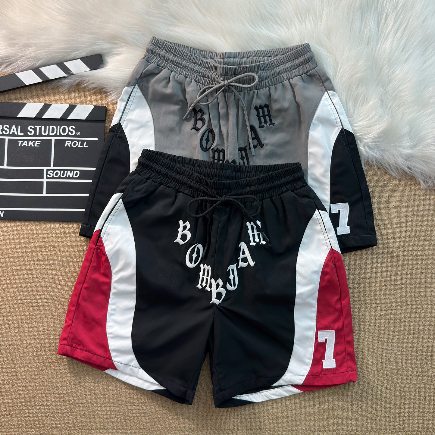 港风复古美式高街休闲短裤男夏宽松风衣布厚实撞色刺绣运动四分裤