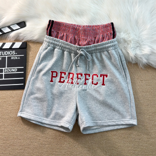 休闲百搭运动裤 嘻哈街舞刺绣字格子双腰头五分短裤 男潮牌宽松美式