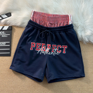 复古休闲百搭运动裤 刺绣字母格子双腰头五分短裤 男夏潮牌宽松美式
