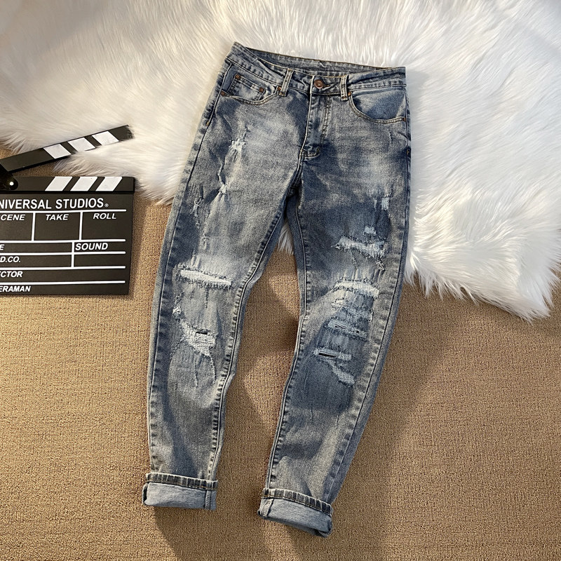 复古做旧水洗弹力乞丐补丁牛仔裤男生陈冠希潮牌美式高街牛仔长裤