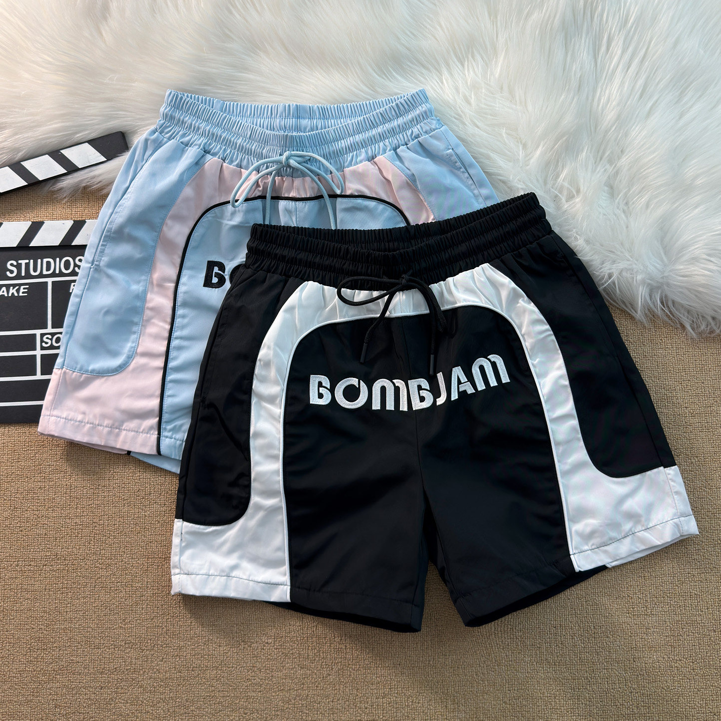 港风复古撞色刺绣休闲短裤男夏宽松厚实风衣布美式高街运动四分裤