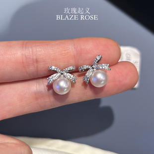 正品 天然淡水珍珠耳钉小灯泡极光蝴蝶结镶钻纯银耳环精致礼物女