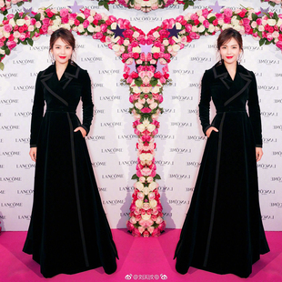 刘涛同款时尚修身黑色长款风衣重工名媛气质显瘦过膝丝绒大衣外套