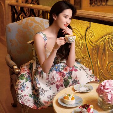 刘亦菲印花吊带连衣裙礼服蓬蓬裙