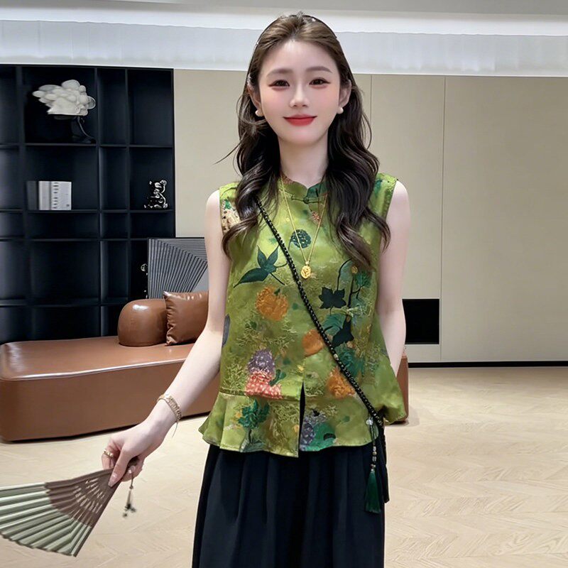 新中式夏季无袖印花盘扣女衬衫潮