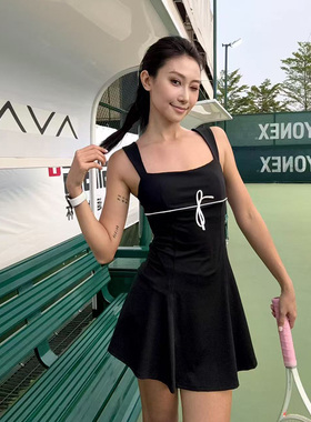LQV黑色性感吊带连体泳衣女个性风蝴蝶结修身显瘦连衣裙韩版泳衣