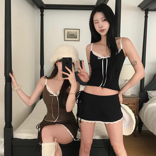 LQV蕾丝V领吊带分体泳衣带胸垫