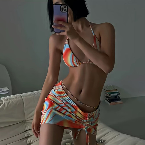 LQV女分体V领抽绳显瘦沙滩泳衣