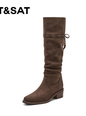 St&Sat/星期六秋冬新款堆堆靴圆头粗跟长筒时装靴女SSD4117CFJ