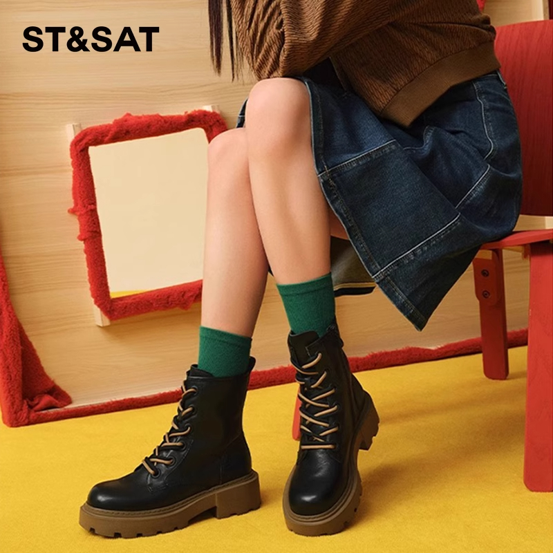 星期六时尚百搭粗高跟牛皮短靴女