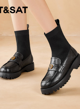 St&Sat/星期六冬季乐福鞋弹力袜靴厚底保暖绒里短靴女SSD4111CRD