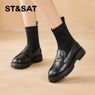 乐福鞋 弹力袜靴厚底保暖绒里短靴女SSD4111CRD 星期六冬季 St&Sat