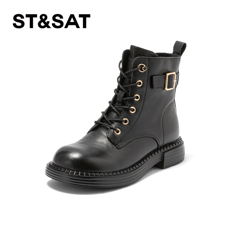 星期六英伦风皮带扣牛皮短靴女
