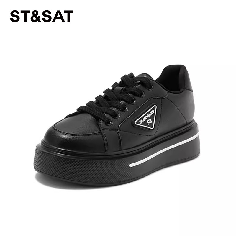 星期六牛皮系带休闲厚底小白鞋女