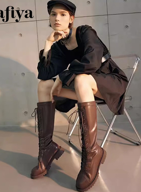 Safiya/索菲娅秋冬圆头保暖绒里骑士靴厚底绑带长靴女SF14119112