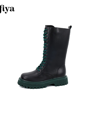 Safiya/索菲娅秋冬系带骑士靴圆头厚底高筒靴女SF14116030