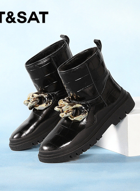 St&Sat/星期六冬季牛皮金属厚底雪地靴保暖绒里短靴女SS1411A774